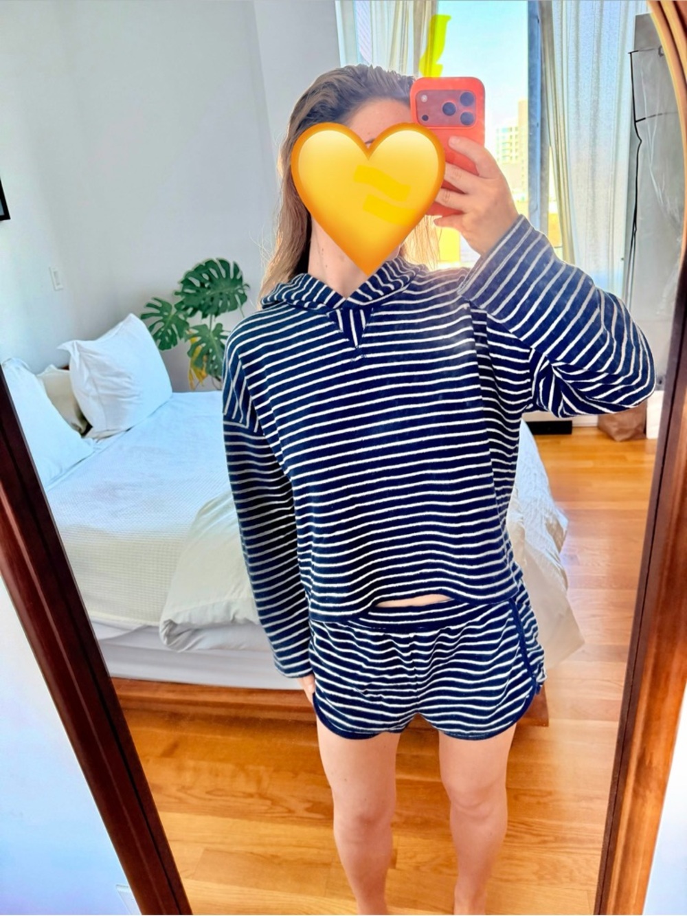 Terry Cloth Striped Navy and White Hoodie Short Set